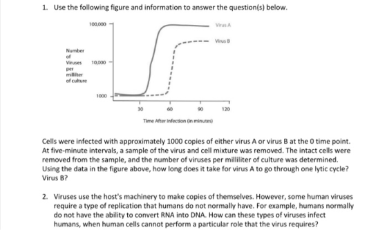 1. Use the following figure and information to answer the question(s) below. 100,000 Virus A - Virus B Number Viruses 10,000