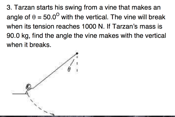 3. Tarzan starts his swing from a vine that makes an angle of θ = 50.00 with the vertical. The vine will break 90.0 kg, find the angle the vine makes with the vertical when it breaks