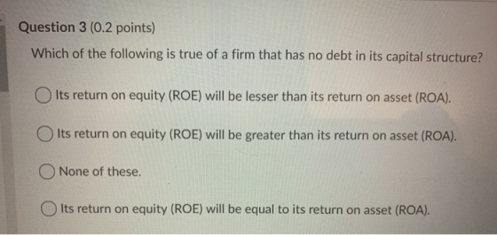 Question 3 (0.2 points) Which of the following is true of a firm that has no debt in its capital structure? Its return on equ