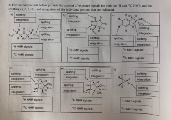 b) splitting Hora CH₂ H HECH 2) For the compounds below provide the amount of expected signals for both the H and C NMR and