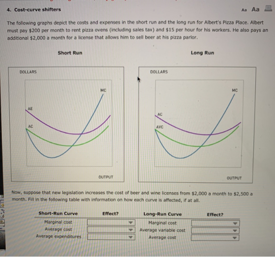 4. Cost-curve shifters Aa Aa E The following graphs depict the costs and expenses in the short run and the long run for Alber