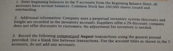 1. Enter beginning balances in the T-accounts from the Beginning Balance Sheet, all accounts have normal balances. Common Sto