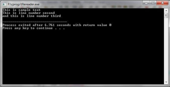 х F:\cprogs\filereader.exe This is sample text This is line number second and this is line number third Process exited after