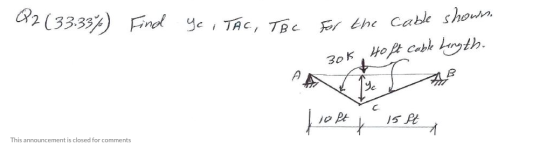 Q2 (33.33%) Find Ye TAC, TBC For the cable shown. A 30K 40 ft cable Length. ye B soft 15 st + This announcement is closed for