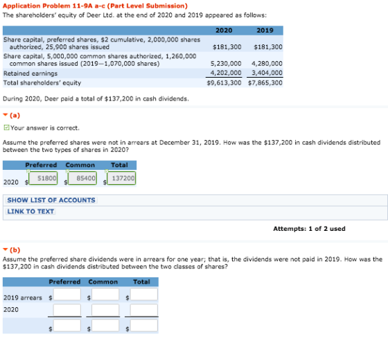 Application Problem 11-9A a-c (Part Level Submission) The shareholders equity of Deer Ltd. at the end of 2020 and 2019 appea