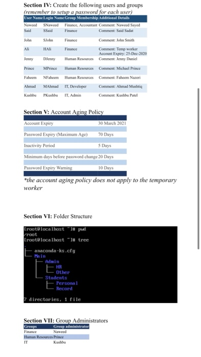 Section IV: Create the following users and groups (remember to setup a password for each user) User Name Login Name Group Mem