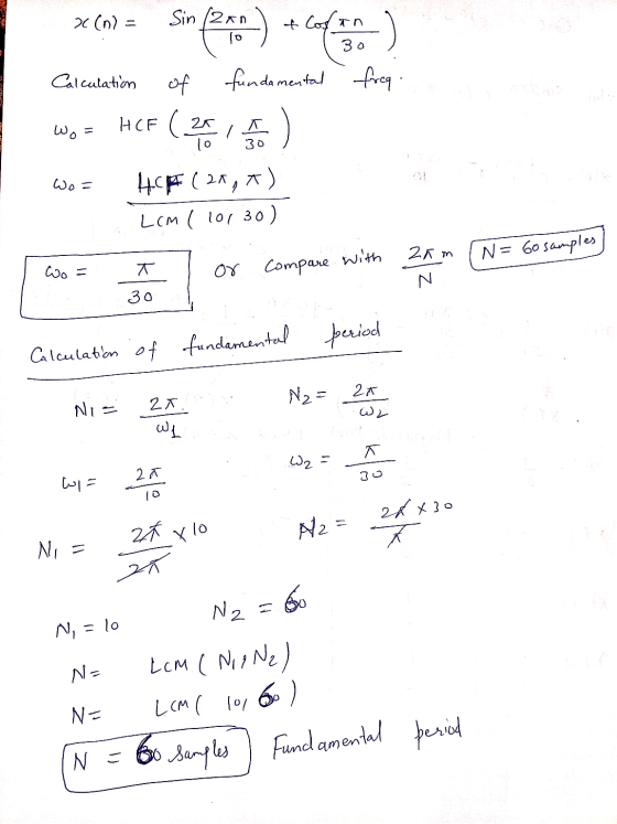 2 (n? - Sin (2an 10 & Cofan 30 fundamental freq Calculation of HCF ( 20 Wo = 10 ) اولا HCA (20,*) Lcm ( 10130) 25m N= 60 samp