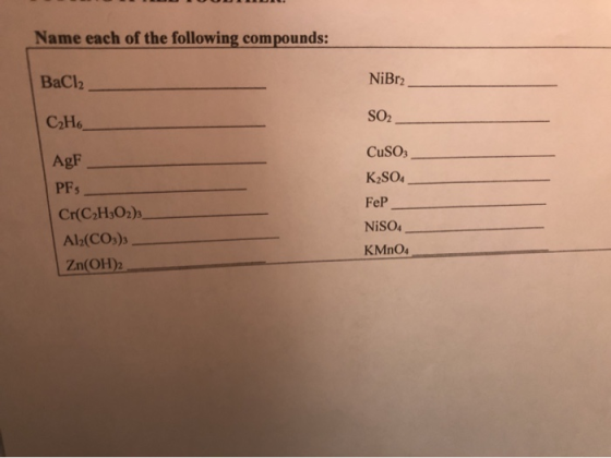 Name each of the following compounds: BaCl2 NiBr2 C2H6 SO2 CuSO3 AgF PFS Cr(C2H2O2)3 Al2(CO3)3 Zn(OH)2 K2SO4 FeP NISO KMnO4