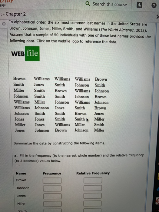 DTAP gage Q Search this course ? t - Chapter 2 O In alphabetical order, the six most common last names in the United States are Brown, Johnson, Jones, Miller, Smith, and illiams (The World Almanac, 2012). Assume that a sample of 50 individuals with one of these last names provided the following data. Click on the webfile logo to reference the data. WEB file Brown Williams Williams Williams Brown Smith Jones Smith Johnson Smith Miller Smith Brn Williams Johnson Johnson Smith Smith Johnson Brown Williams Miller Johnson Williams Johnson Williams Johnson Jones Smith Brown Johnson Smith Smith Brown Jones Jones Jones Smith SmithMiller Miller Jones Williams Miller Smith Jones Johnson Brown Johnson Miller Summarize the data by constructing the following items. a. Fill in the frequency (to the nearest whole number) and the relative frequency (to 2 decimals) values below. Name Brown Johnson ones Miller Frequency Relative Frequency