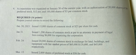 4. A corporation was organized on January 30 of the current year, with an authorization of 20,000 shares of s preferred stock