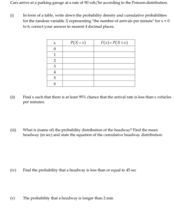 Cars arrive at a parking garage at a rate of 90 veh/hr according to the Poisson distribution. () In form of a table, write down the probability density and cumulative probabilities for the random variable Xrepresenting the number of arrivals per minute forx -0 to 6, correct your answer to nearest 4 decimal places. P(X=x) F(x) P(Xsx) Find x such that there is at least 95% chance that the arrival rate is less than x vehicles per minutes. (ii) ii) What is (name of the probability distribution of the headway? Find the mean headway (in sec) and state the equation of the cumulative headway distribution iv Find the probability that a headway is less than or equal to 45 sec (v) The probability that a headway is longer than 2 min