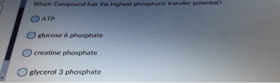 Which Compound has the highest phosphoric transfer potential? ОАТР glucose 6 phosphate creatine phosphate glycerol 3 phosphat