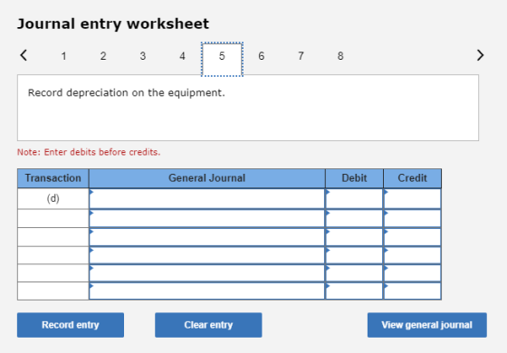 Journal entry worksheet < 1 2 3 4 5 6 7 8 Record depreciation on the equipment. Note: Enter debits before credits. General Jo