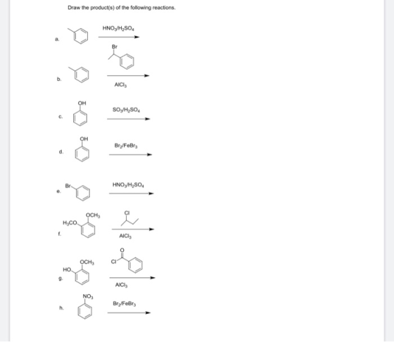 Draw the product(s) of the following reactions. HNO,/H2SO4 AICI SOy/H2SO4 Bry/FeBry 0 0 ».& ; ܨ ܕ:o HNOJH2SO4 AICI Bry/FeBry