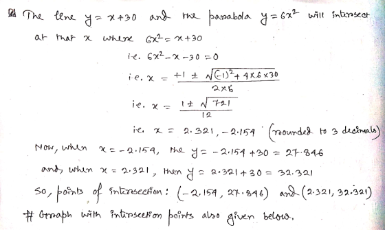 . . The the y=x+30 and the parabola y = 6x² will intersect at that a where 6x² = x+30 it. 682--30=0 ie. x = +1 NE1)2 + 4x6x30
