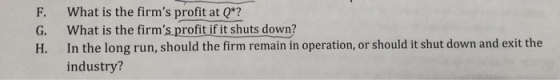What is the firms profit at Q*? F. What is the firms profit if it shuts down? In the long run, should the firm remain in op