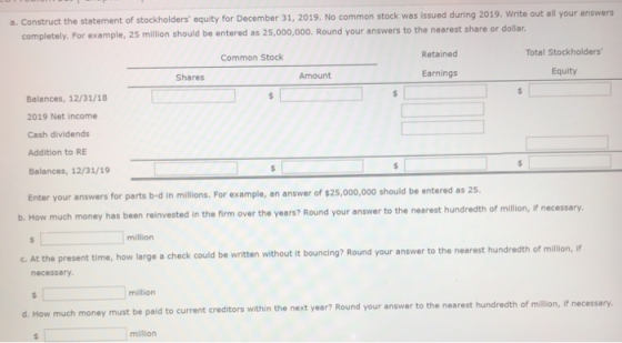 a. Construct the statement of stockholders equity for December 31, 2019. No common stock was issued during 2019. Write out a