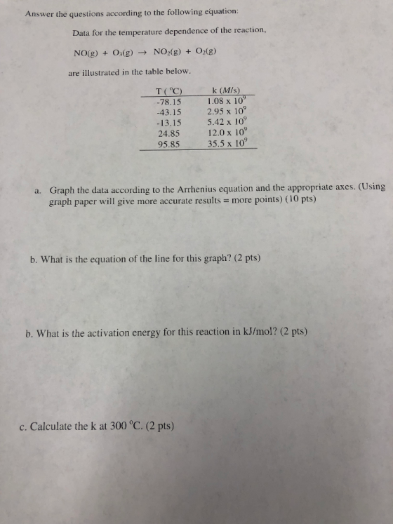 Answer the questions according to the following equation: Data for the temperature dependence of the reaction, NO2(g) O2(g) NO(g) O3(g) + + → are illustrated in the table below. k (M/s) 1.08 x 109 T(°C) 78.15 -43.15 2.95 x 10o9 -13.15 5.42 x 10 24.85 12.0x 10 95.85 35.5 x 10 Graph the data according to the Arrhenius equation and the appropriate axes. (Using graph paper will give more accurate results more points) (10 pts) a. b. What is the equation of the line for this graph? (2 pts) b. What is the activation energy for this reaction in kJ/mol? (2 pts) C. Calculate the k at 300 ℃ (2 pts)
