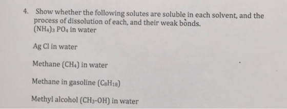 Show whether the following solutes are soluble in each solvent, and the process of dissolution of each, and their weak bonds.