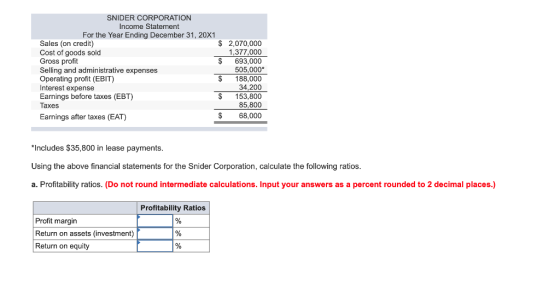 SNIDER CORPORATION Income Statement For the Year Ending December 31, 20X1 Sales (on credit) Cost of goods sold Gross profit Selling and administrative expenses Operating profit (EBIT) Interest expense Earnings before taxes (EBT) Taxes $2,070,000 1,377,000 $693,000 505,000* $ 188,000 34,200 $153,800 85,800 $ 68,000 Earnings after taxes (EAT) Includes $35,800 in lease payments Using the above financial statements for the Snider Corporation, calculate the following ratios a. Profitability ratios. (Do not round intermediate calculations. Input your answers as a percent rounded to 2 decimal places.) Profitability Ratios Profit margin Return on assets (investment) Return on equity