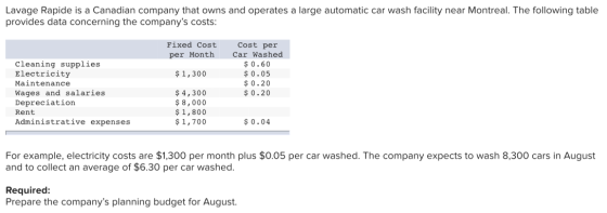 Lavage Rapide is a Canadian company that owns and operates a large automatic car wash facility near Montreal. The following t