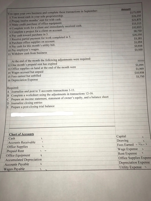 You open your own business and complete these transactions in September: 1 You invest cash in your sole proprietorship. 2 Pre