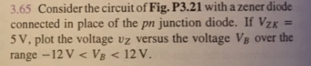 .65 Consider the circuit of Fig. P3.21 with a zener diode connected in place of the pn junction diode. If VzK = 5 V, plot the voltage uz versus the voltage VB over the range-12V < VO < 12V.