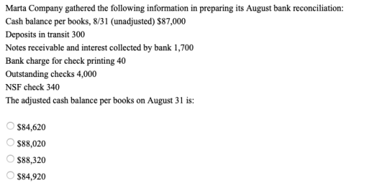 Marta Company gathered the following information in preparing its August bank reconciliation: Cash balance per books, 8/31 (u
