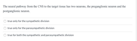 The neural pathway from the CNS to the target tissue has two neurons, the preganglionic neuron and the postganglionic neuron.