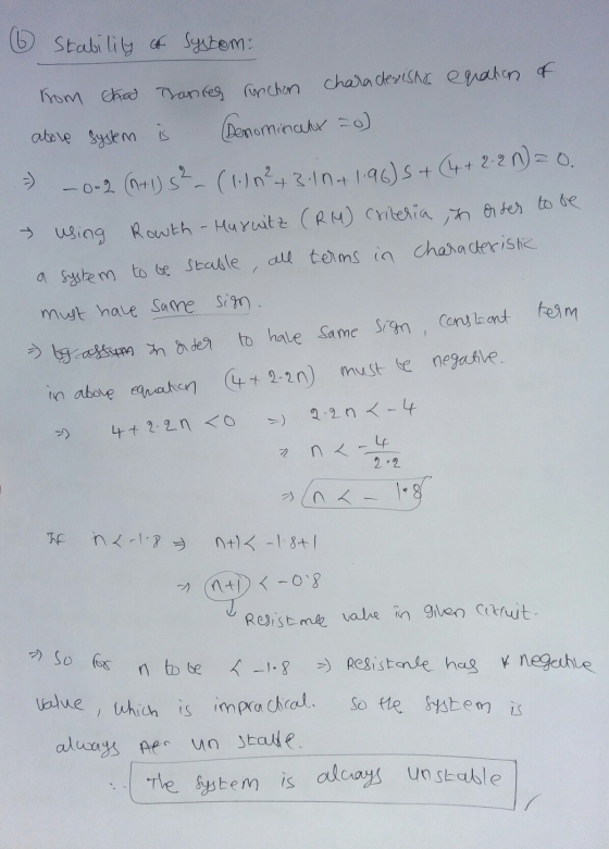6 Stability of system: fom chad Thanreg runchon chara desishe egration of above system is Denominator =o) - - 0.2 (N+1) 5² (1