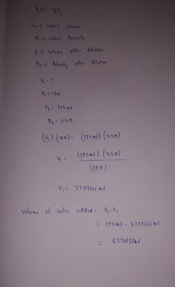 V, M, = VM. vt initial volume Mit initial Molarity V t volume after M2 + Molarity after dilution dilution V,=? M = UUM V₂ = 1