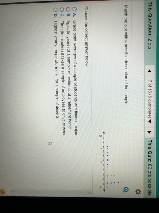 This Question: 2 pts 7 of 16 (6 complete) ▼ This Quiz: 60 pts possible Match the plot with a possible description of the sample. 2 Choose the correct answer below. O A. Grade point averages of a sample of students with finance majors O B. Ages (in years) of a sample of residents of a retirement home ° C. Time (in minutes) it takes a sample of employees to drive to work O D. Highest yearly temperature (F) for a sample of deserts