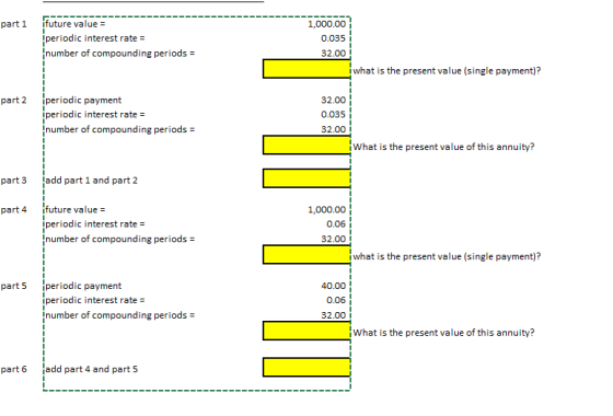 part 1 1,000.00 future value = periodic interest rate = number of compounding periods = 0.035 32.00 what is the present value