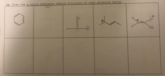 14. Draw the a valid resonance hybrid structure of each molecule below. CO.