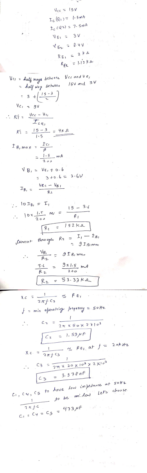 Vcc - Isu Ic (91) = 1.5mA Ic (Q2) = 7.5mA VEI = 3 V Ver 8.4 V REI zka REL = 1.12 km between Vec and VE, Vor = half waye half
