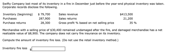Swifty Company lost most of its inventory in a fire in December just before the year-end physical inventory was taken. Corpor
