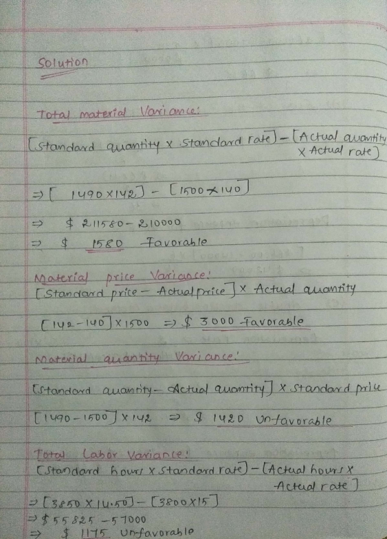 Solution Total material Variance: (Standard quantity x Standard rate) - (Actual avantity X Actual rate] [ 1490X142] - [1600x1