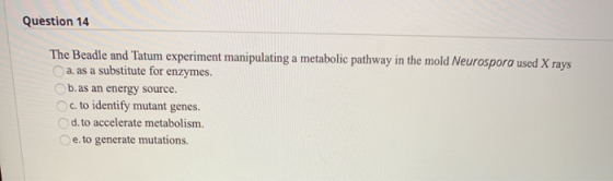 Question 14 The Beadle and Tatum experiment manipulating a metabolic pathway in the mold Neurosporo used X rays a as a substi