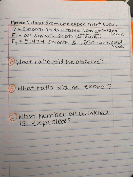 Mendels data from one experiment was. Pe Smooth seeds crossed with wrinkled all Smooth seeds (wrinkled: Rec) F₂ = 5,474 smoo