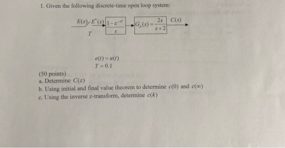 1. Given the following discrete-time open loop system: BOE (91-6 6,0) = 2.0, TSS+2_ e(t) = u(1) T = 0.1 (50 points) a. Deter