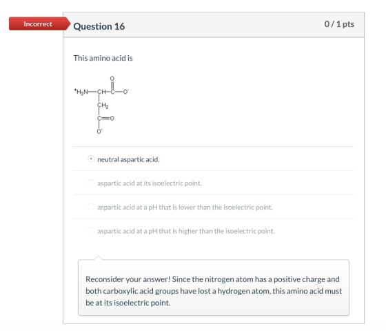 Incorrect Question 16 0/1 pts This amino acid is +H3N—CH-0-0 CH2 CEO neutral aspartic acid. aspartic acid at its isoelectric