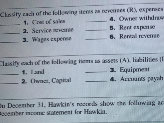 Classify each of the following items as revenues (R), expenses 1. Cost of sales 4. Owner withdraw 2. Service revenue 5. Rent