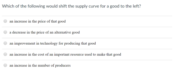 Which of the following would shift the supply curve for a good to the left? an increase in the price of that good a decrease in the price of an alternative good an improvement in technology for producing that good an increase in the cost of an important resource used to make that good an increase in the number of producers