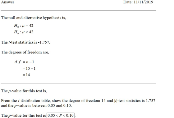 Date: 11/11/2019 Answer The null and alternative hypothesis is, Ho: u 42 Ha: u42 The f-test statistics is -1.757. The degrees