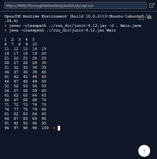 https://WittyThoroughNetworking.kunlstudy.repl.run Open JDK Runtime Environment (build 10.0.2+13-Ubuntu-lubuntu.18 .04.4) ? j