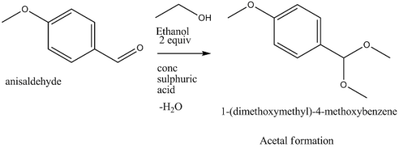 OH Ethanol 2 equiv conc anisaldehyde sulphuric acid -H2O 1-(dimethoxymethyl)-4-methoxybenzene Acetal formation