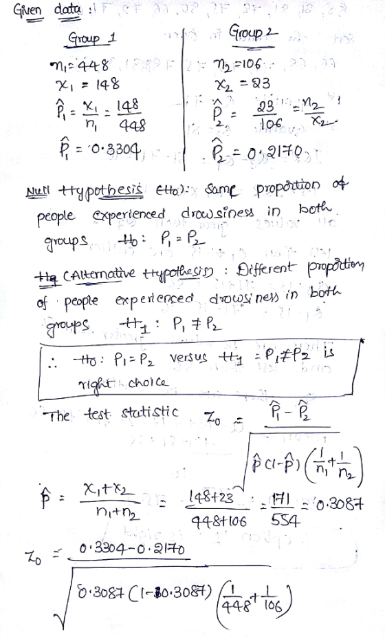 Snoupop M 448 x,=148 448 2 R = O, 3304 Nu ypotesi eto)x Some pro pcople expertenced drousfne in bote in both of peole experienced dousi ne The test statistic P- 2 2 1484 23 , . -0.3084 448t06 SS4 nitn 448 lo6