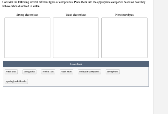 Consider the following several different types of compounds. Place them into the appropriate categories based on how they beh