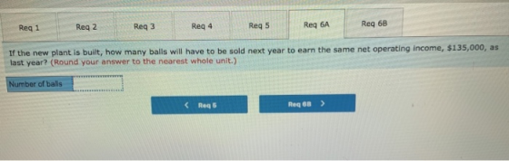 Req 1 Reg 2 Reg 3 Req 4 Reg 5 Req 6A Reg 6B If the new plant is built, how many balls will have to be sold next year to earn