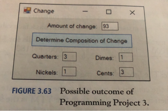 Change X Amount of change: 93 Determine Composition of Change Quarters: 3 Dimes: 1 Nickels: 1 Cents: 3 FIGURE 3.63 Possible o